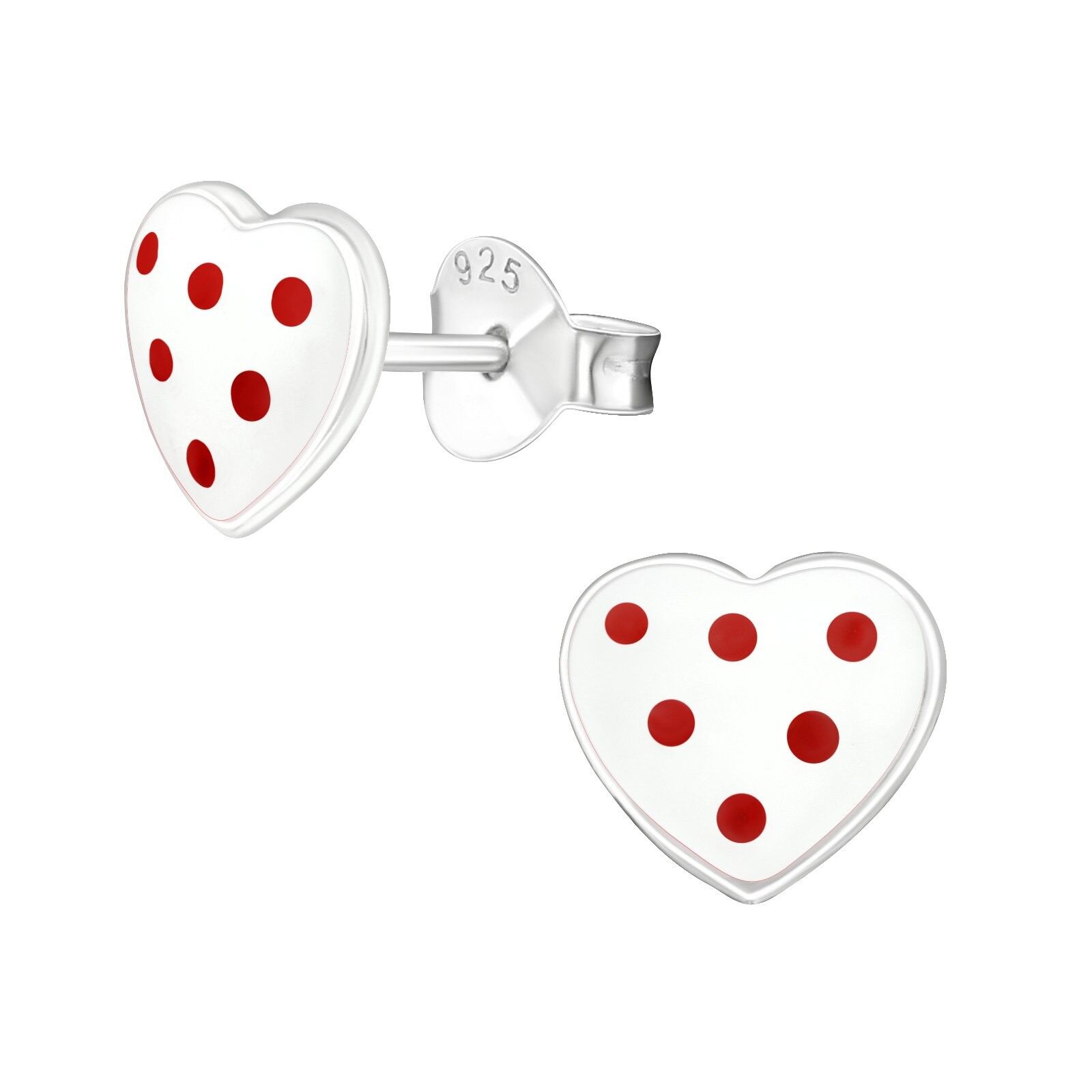 Orecchini per bambini in argento sterling "Cuore bianco con macchie rosse"