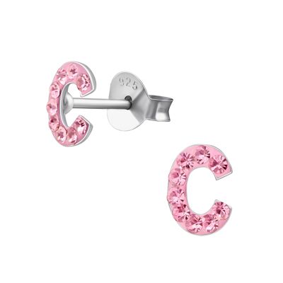 Aretes de plata de ley para niños con 'Letra C' de cristal rosa