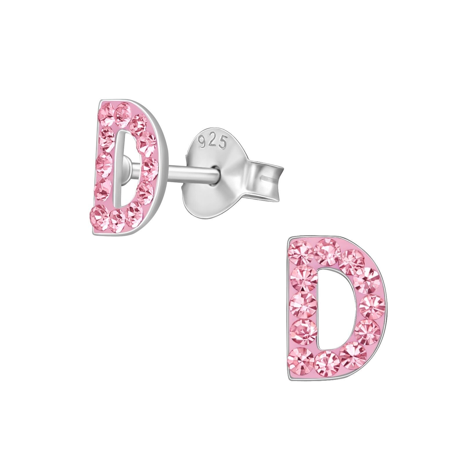 Orecchini per bambini in argento sterling con cristallo rosa 'Lettera D'