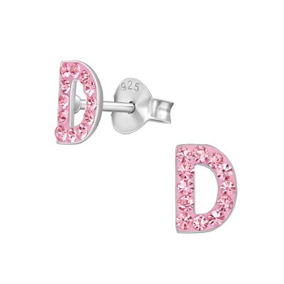 Aretes de plata de ley para niños con 'Letra D' de cristal rosa