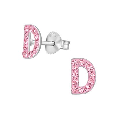 Children's Sterling Silver 'Letter D' Pink Crystal Stud Earrings