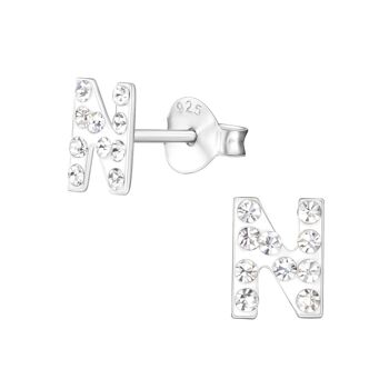 Boucles d'oreilles pour enfants en argent sterling avec cristal 'Lettre N'