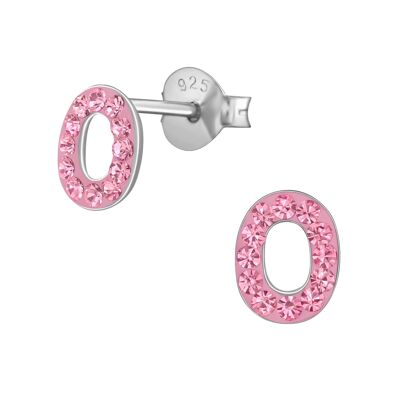 Aretes de plata de ley para niños con 'Letra O' de cristal rosa