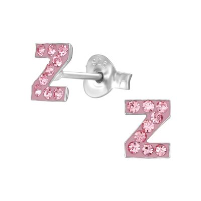Orecchini per bambini in argento sterling con cristallo rosa "Lettera Z"