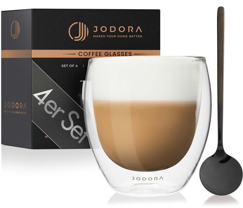 JODORA Design Cappuccino Gläser doppelwandig - 4 x 250ml - Kaffeegläser doppelwandig spülmaschinenfest - Cappuccino Tassen mit 4 stilvollen Löffeln