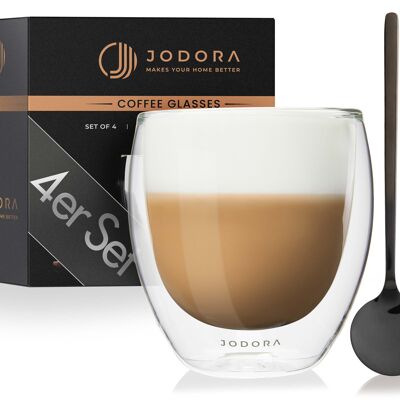 JODORA design cappuccino glasses double-walled - 4 x 250ml - coffee glasses double-walled dishwasher safe - cappuccino cups with 4 stylish spoons
