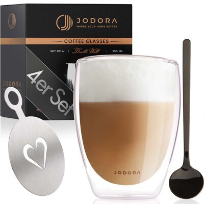 JODORA Design Latte Macchiato Gläser doppelwandig 4 x 350ml - spülmaschinenfeste Cappuccino Gläser - Latte Macchiato Gläser mit 4 Latte Macchiato Löffeln