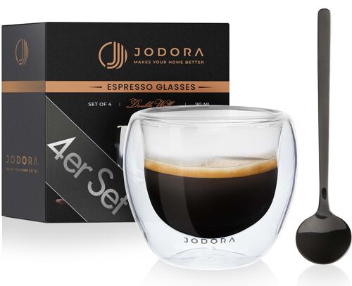 JODORA Design Espressogläser doppelwandig 4 x 80ml - spülmaschinenfeste Espressogläser 4 stilvollen Espressolöffeln