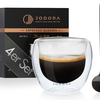 JODORA Design Espressogläser doppelwandig 4 x 80ml - spülmaschinenfeste Espressogläser 4 stilvollen Espressolöffeln