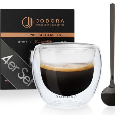 JODORA Design Espressogläser doppelwandig 4 x 80ml - spülmaschinenfeste Espressogläser 4 stilvollen Espressolöffeln