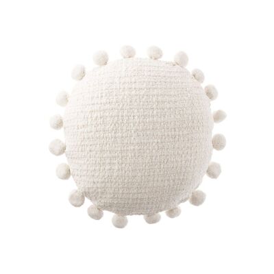 Round cushion with white spun cotton pompoms