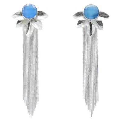Blue Silver Fringed Flower Earrings