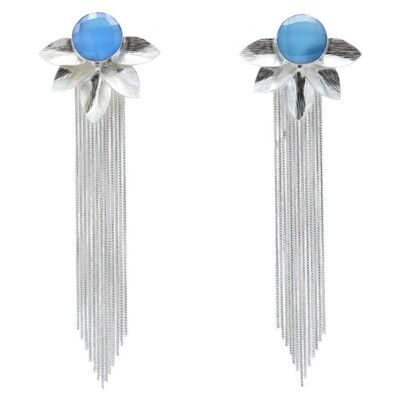 Boucles d'Oreilles Fleur Franges Argent Bleu