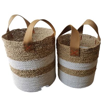 Round baskets of seagrass S/2 handles cotton