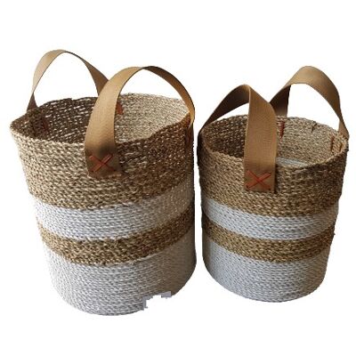 Round baskets of seagrass S/2 handles cotton