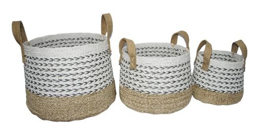 Batik seagrass & plastic storage baskets S/3 handle jute
