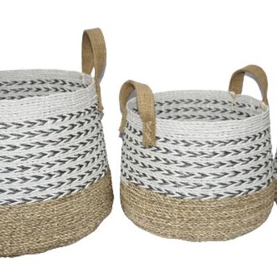 Batik seagrass & plastic storage baskets S/3 handle jute