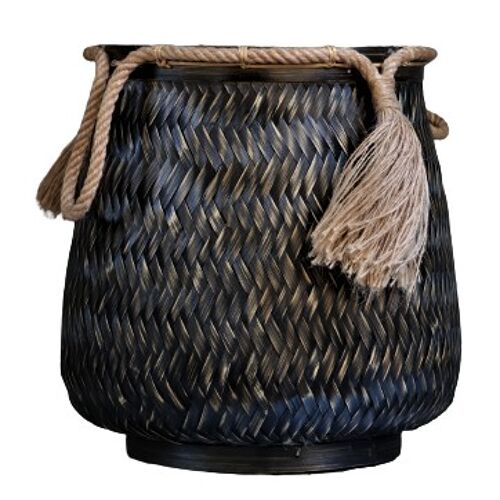 Putri black round bamboo basket with rope
