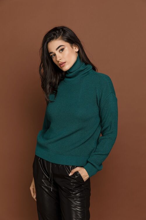 Petrol Blue Turtleneck Pullover by Si Fashion