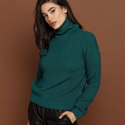 Petrol Blue Turtleneck Pullover by Si Fashion