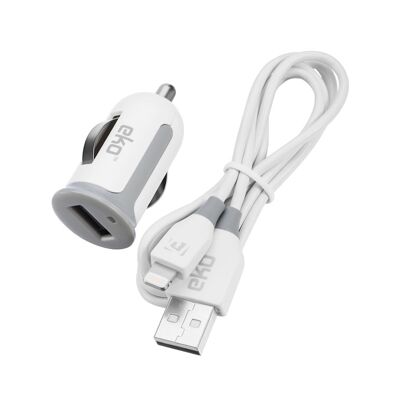 Kit 2 en 1 chargeur voiture USB blanc 1A avec câble lightning