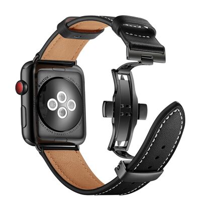 Bracelet en cuir véritable avec boucle déployante pour Apple Watch 38/40 et 41mm - Noir