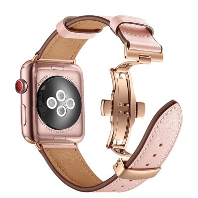 Bracelet en cuir véritable avec boucle déployante pour Apple Watch 38/40 et 41mm - Rose