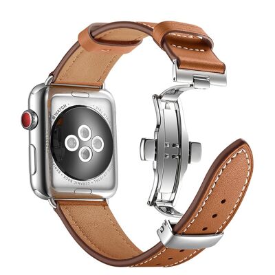 Bracelet en cuir véritable avec boucle déployante pour Apple Watch 38/40 et 41mm - Marron