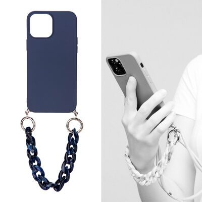 Coque avec cordon nylon et chaine pour iPhone 13 Pro Max - Bleue