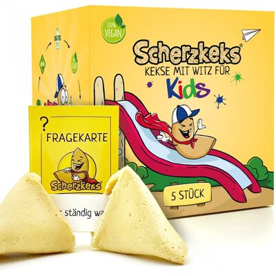 Scherzkeks® Kids - 5 biscuits avec une blague pour les enfants, boîte de 5 biscuits de fortune avec des questions de blague adaptées aux enfants à l'intérieur, pour les anniversaires des enfants, Pâques, la rentrée scolaire, les fêtes de famille, Halloween, Noël
