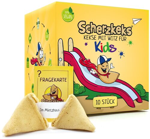 Scherzkeks® Kids - 10 Kekse mit Witz für Kids, 10er Box Glückskekse mit kindgerechten Scherzfragen im Inneren, zum Kindergeburtstag, Ostern, Schulanfang, Familienfeiern, Halloween, Weihnachten