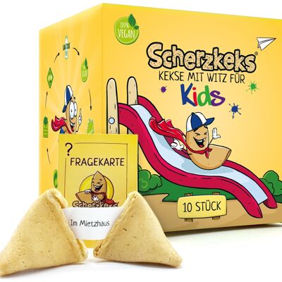 Scherzkeks® Kids - 10 biscotti con uno scherzo per bambini, scatola da 10 biscotti della fortuna con domande scherzose a misura di bambino all'interno, per compleanni dei bambini, Pasqua, inizio della scuola, feste di famiglia, Halloween, Natale