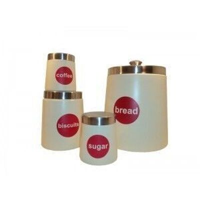 Set di contenitori rotondi per caffè e zucchero, biscotti, portapane per organizzare la tua cucina e mantenere freschi caffè, zucchero, biscotti e pane, in colore beige - rosso. Dimensioni: 10x10x13 cm / 18x14x14 cm / 26x23x23 cm TT-036