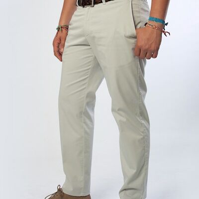 Stretch beige satin woven chino trousers.