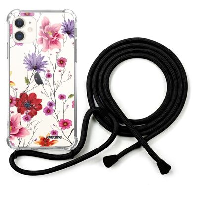 Coque cordon iPhone 11 anti-choc silicone avec cordon noir - Fleurs Multicolores