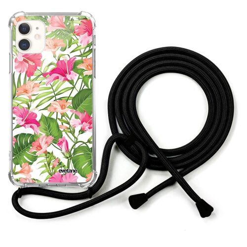 Coque cordon iPhone 11 anti-choc silicone avec cordon noir - Fleurs Tropicales