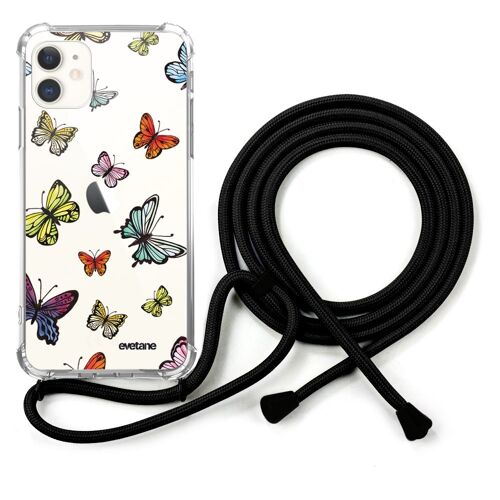 Coque cordon iPhone 11 anti-choc silicone avec cordon noir - Papillons Multicolors
