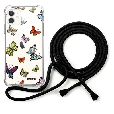 Funda con cordón de silicona para iPhone 11 a prueba de golpes con cordón negro - Mariposas multicolores