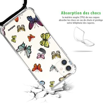 Coque cordon iPhone 11 anti-choc silicone avec cordon noir - Papillons Multicolors 3