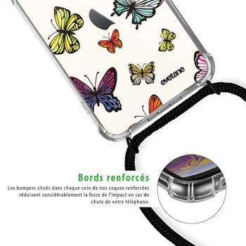 Coque cordon iPhone 11 anti-choc silicone avec cordon noir - Papillons Multicolors 4
