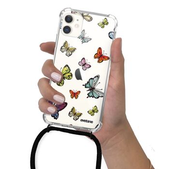 Coque cordon iPhone 11 anti-choc silicone avec cordon noir - Papillons Multicolors 5