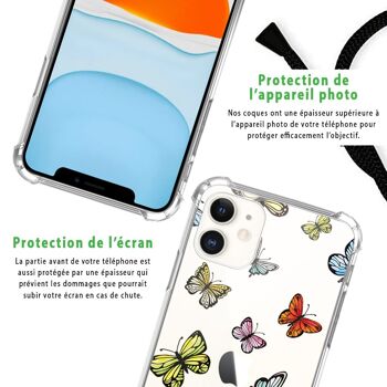 Coque cordon iPhone 11 anti-choc silicone avec cordon noir - Papillons Multicolors 7