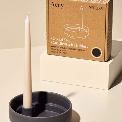 Orbital Step Charcoal Grey Candle Holder in Matte Clay - Medium