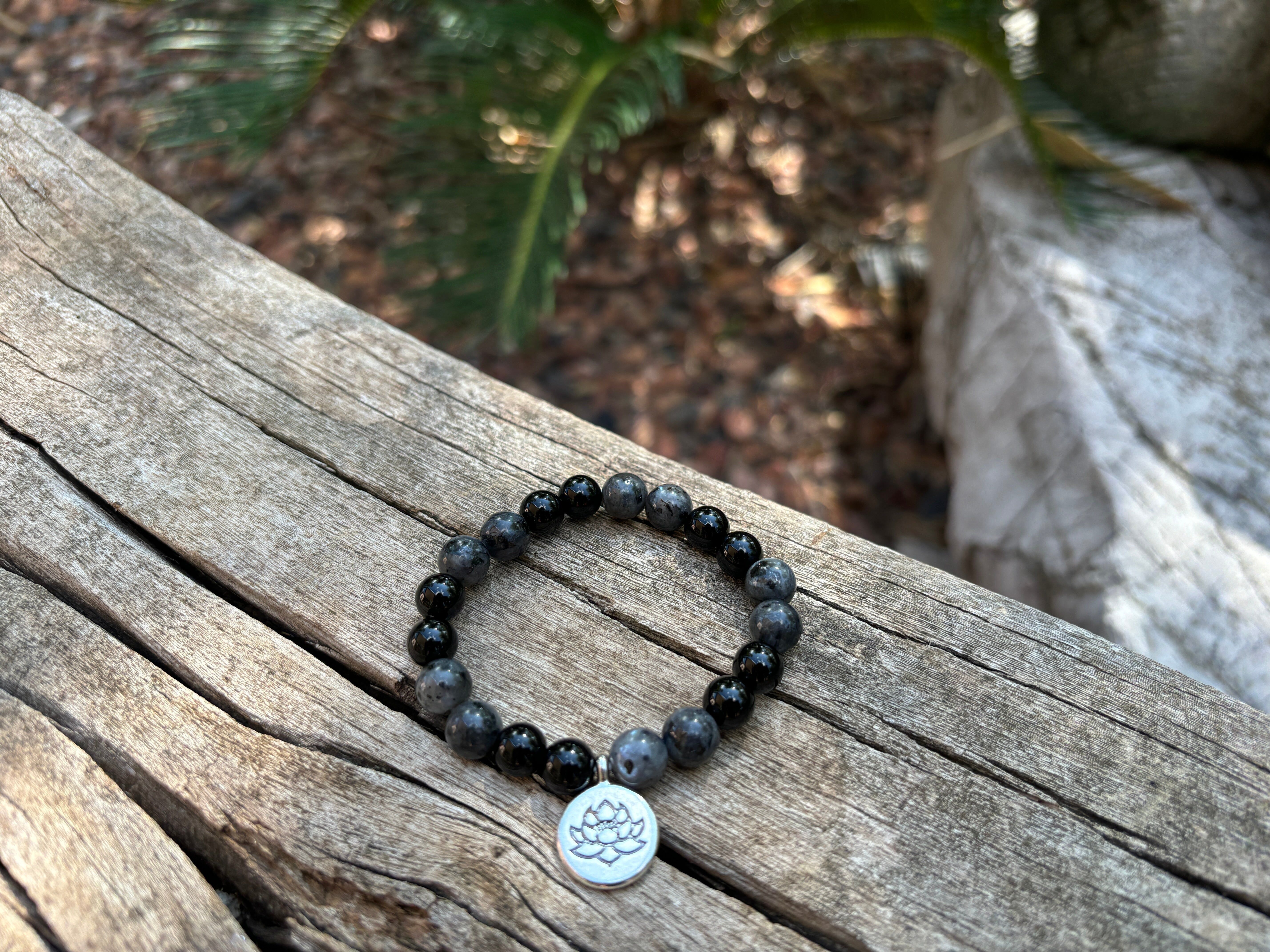 Pulsera Elástica de Litoterapia en Labradorita y Turmalina, Made in Fance