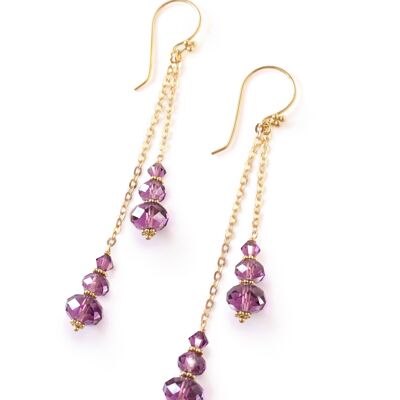 Gold dangle earrings with amethyst Swarovski crystals