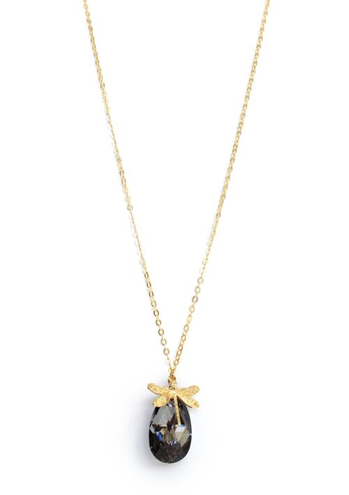 Long gold dragonfly necklace with Black Diamond drop