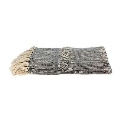 HAND-WOVEN COTTON BLANKET BEIGE BLACK FRINGE 125X150 SHERPA