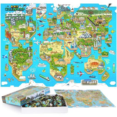 Rompecabezas de píxeles del mapa mundial de 8 bits de bopster, 1000 piezas