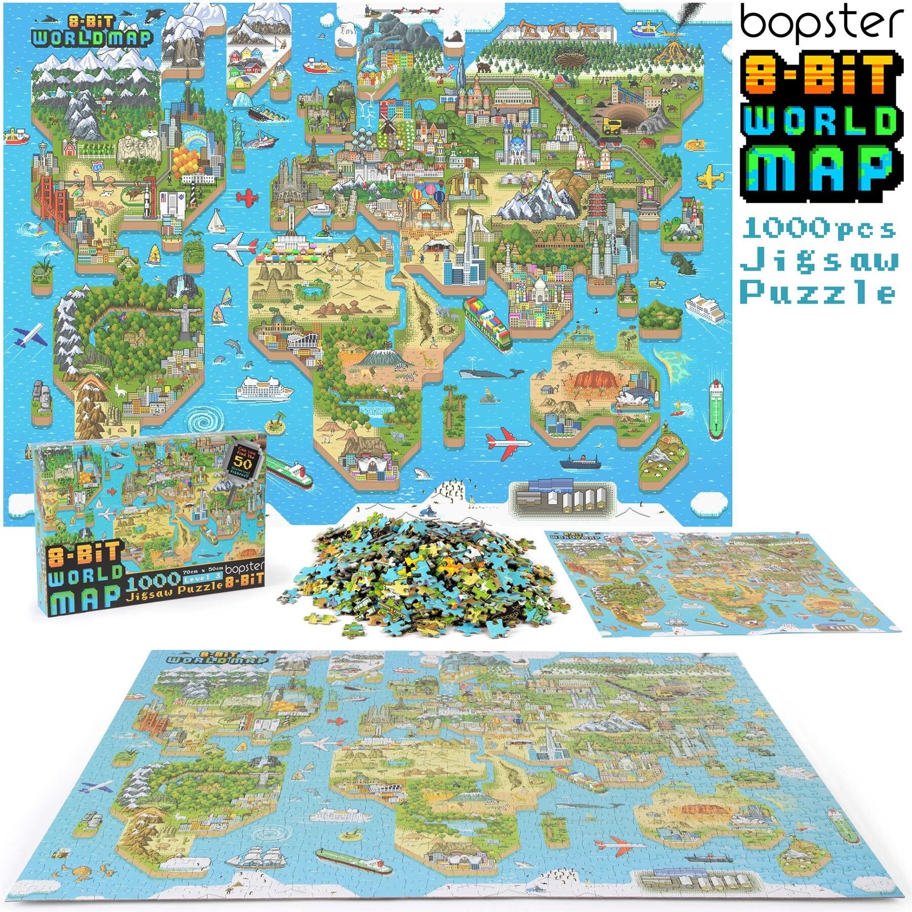 bopster 8-bit World Map Pixel Jigsaw Puzzle 1000pcs