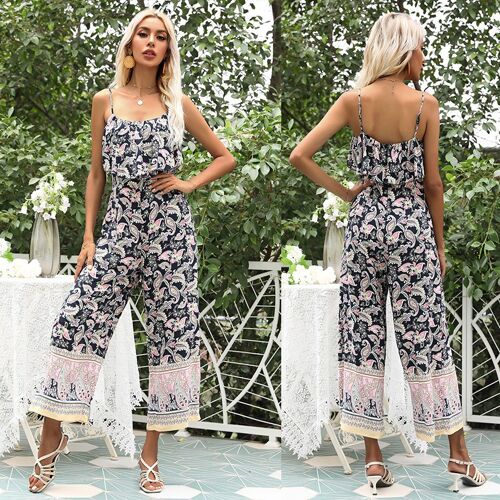 Casual Loose Print Ruffle Halter Jumpsuit